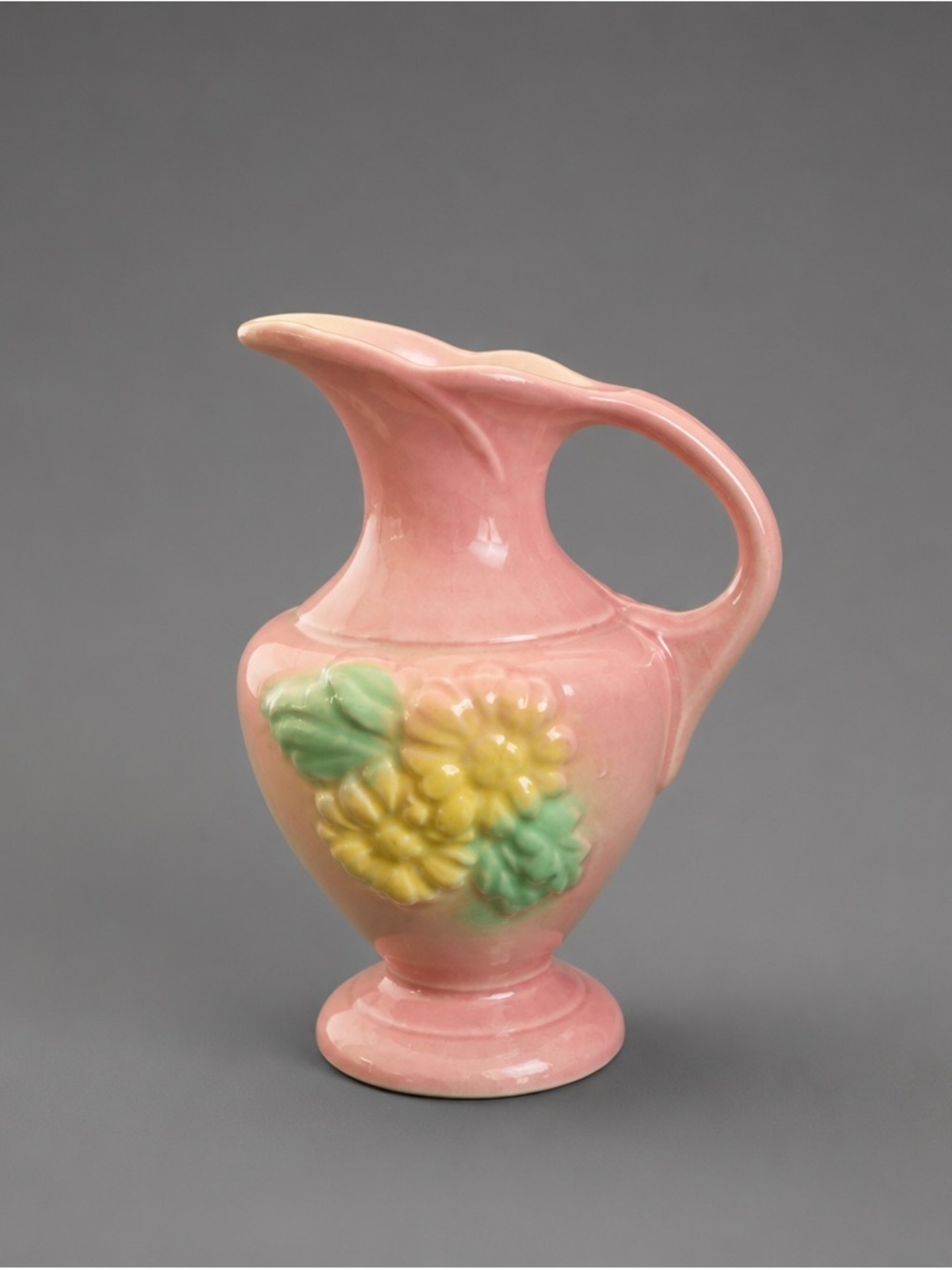 Hull Pottery Pink Ceramic Pitcher Vase with Yellow and Green Floral Relief